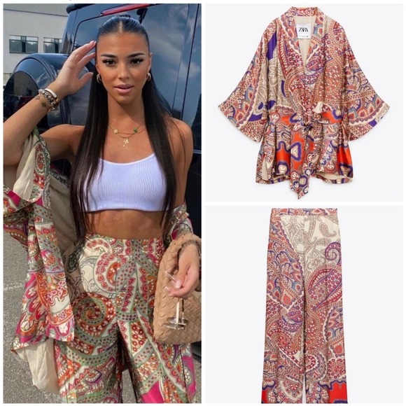 ZARA [ 2 PIECE ] KIMONO SET SATIN PANTS + JACKET M